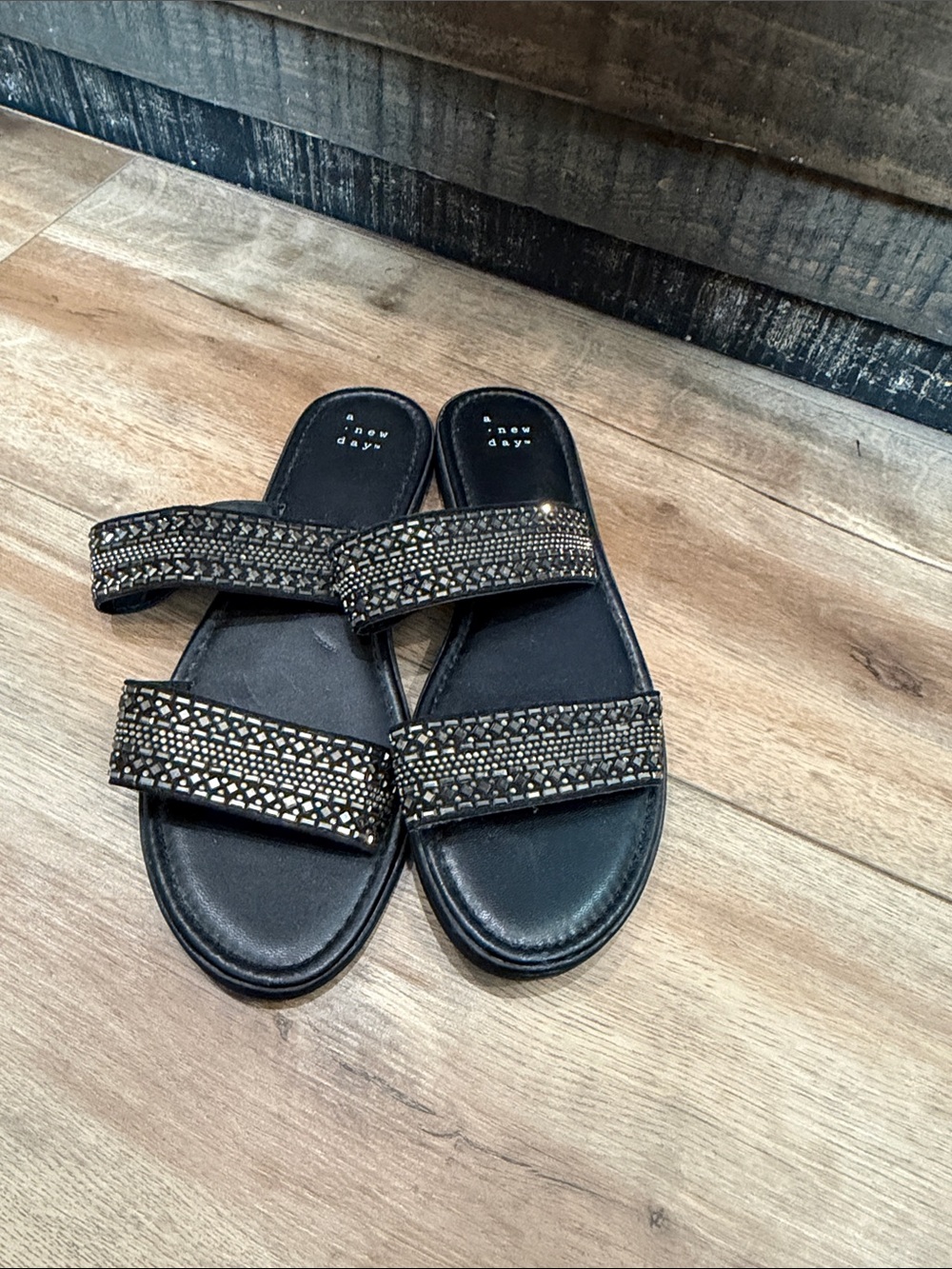 a new day Black Slide Sandals with Gold Studded Straps